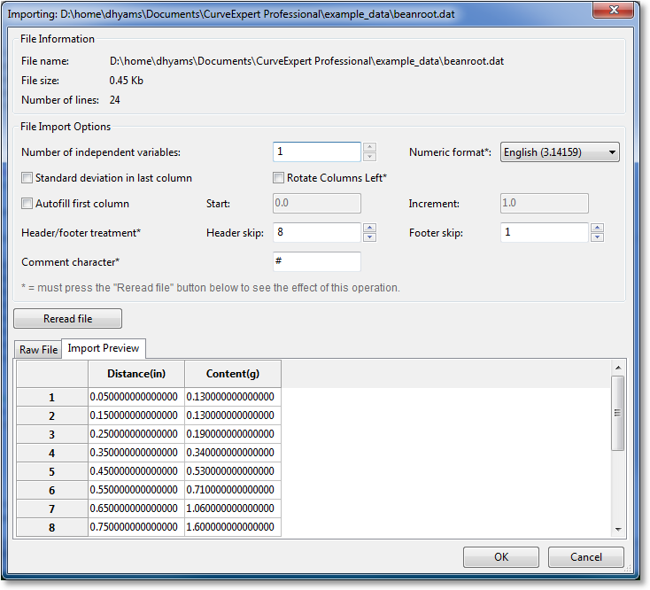 CurveExpert Professional file import dialog.